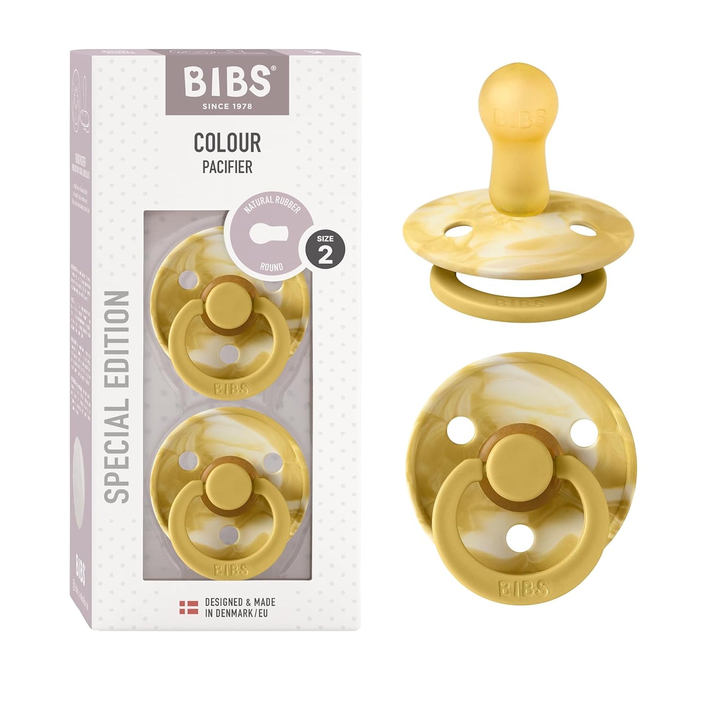 BIBS Pacifiers Colour Collection | Natural Rubber Baby Pacifier | Set of 2 BPA-Free Soothers | Made in Denmark | 6+ Months (Pack of 2) | Mustard/Ivory Tie Dye