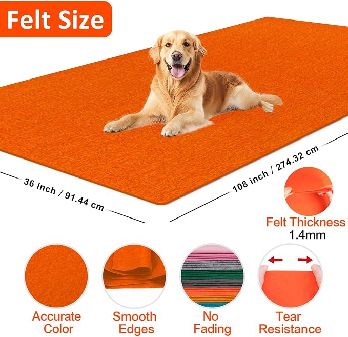 XSEINO Orange Large Felt Fabric 108" X 36 ", 1.4 mm Thick Soft Felt Fabric Sheet