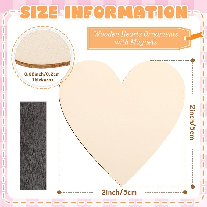Qunclay 100 Pcs 2 Inch Wooden Heart Magnets