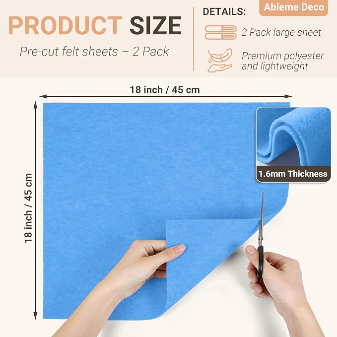 Felt Fabric Sheets 18" x 18" 1.6mm Soft Craft Felt, Sky Blue | Soft Precut Felt