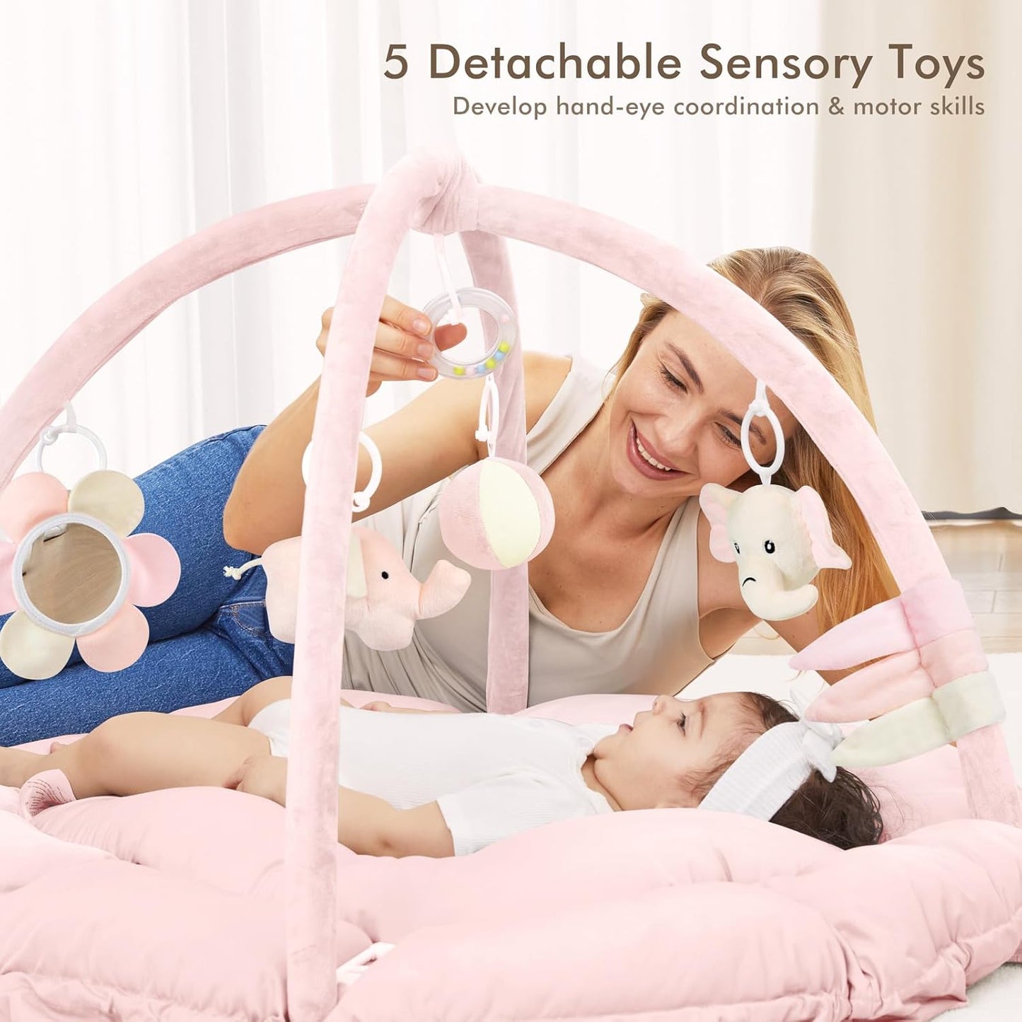 ANGELBLISS 5 in 1 Baby Play Gym Mat, Reversible Tummy Time Mat with 5 Sensory Toys for Stage-Based Developmental, Thick & Large Baby Activity Center from Newborn to Toddler (Pink)
