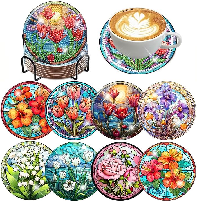 ijbnhd 8 PCS Flowers Diamond Art Coasters | Diamond Painting Coasters Kits