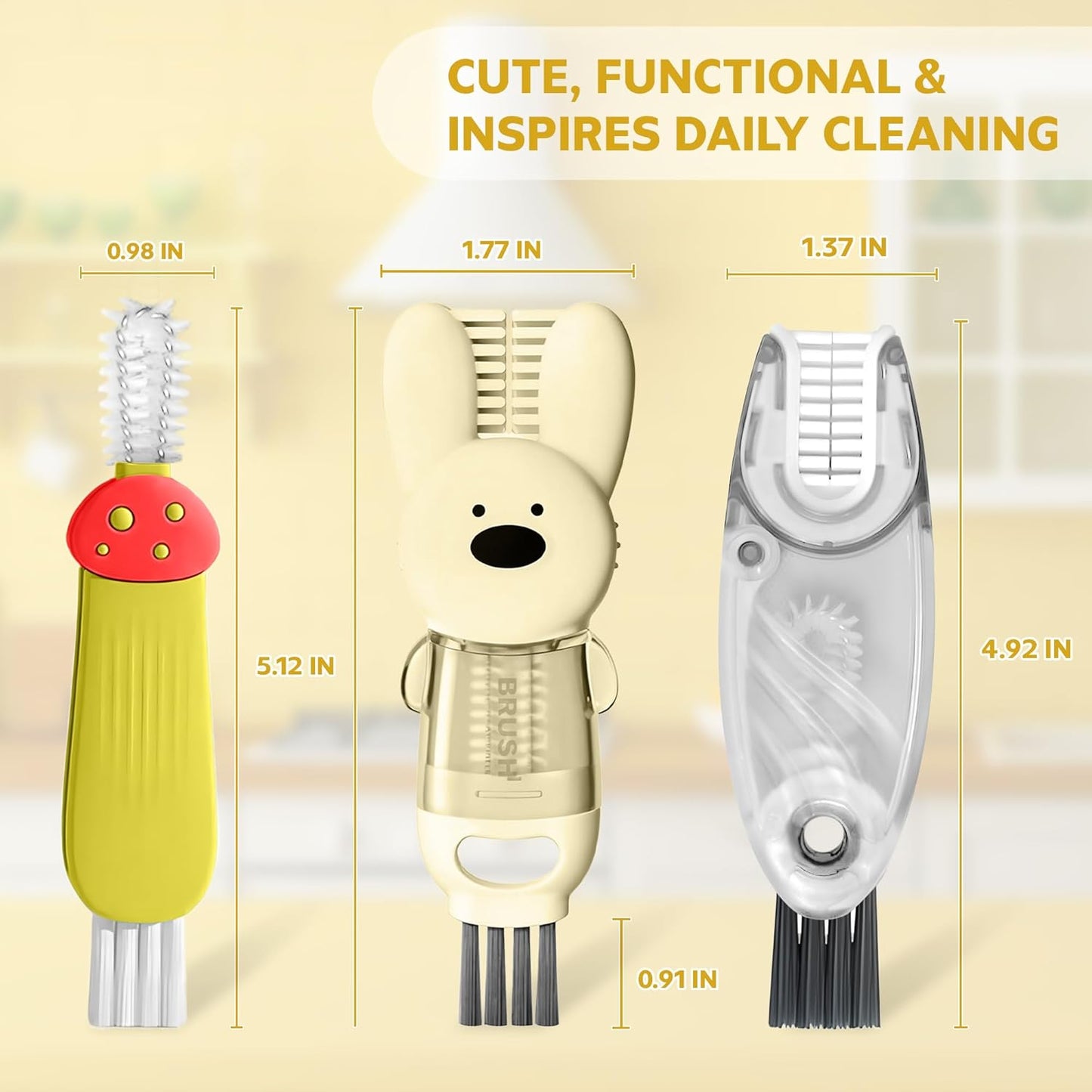 Cup Lid Cleaning Brush, Multifunctional Set with 3 in 1 Lid Cleaner and Two 4 in 1 Cup Lid Cleaning Brushes, Cleaning Brush Tool for Bottles, Straws, Tumblers, Travel Mug Caps, Portable Kit (Yellow)