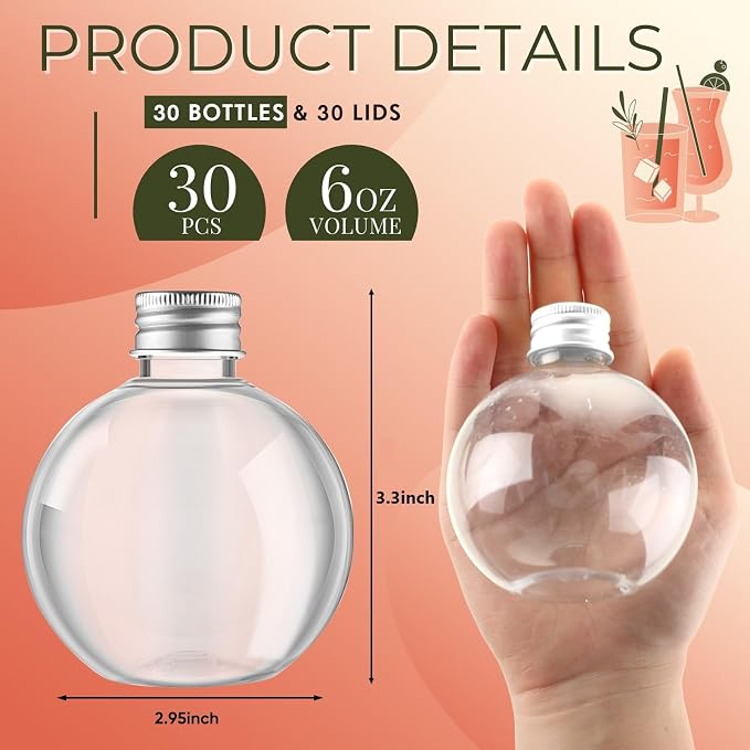 Jinei 30 Pcs 6 oz 200ml Ball Shape Plastic Sand Art Bottles Spherical Clear