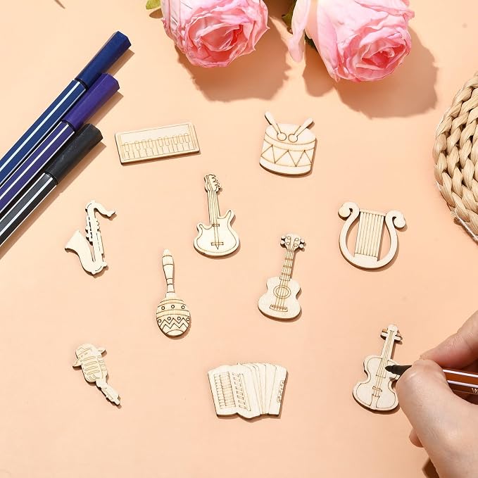 200 pcs Mixed Styles Instrument Theme Unfinished Wood Cutout Charms Music