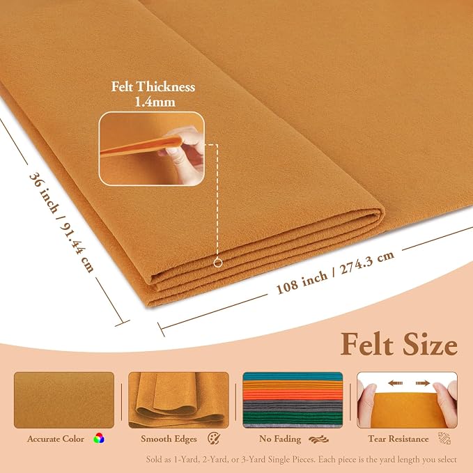 Golden Yellow Felt Fabric Sheet 108" X 36", 1.4mm Thick Large Soft Durable
