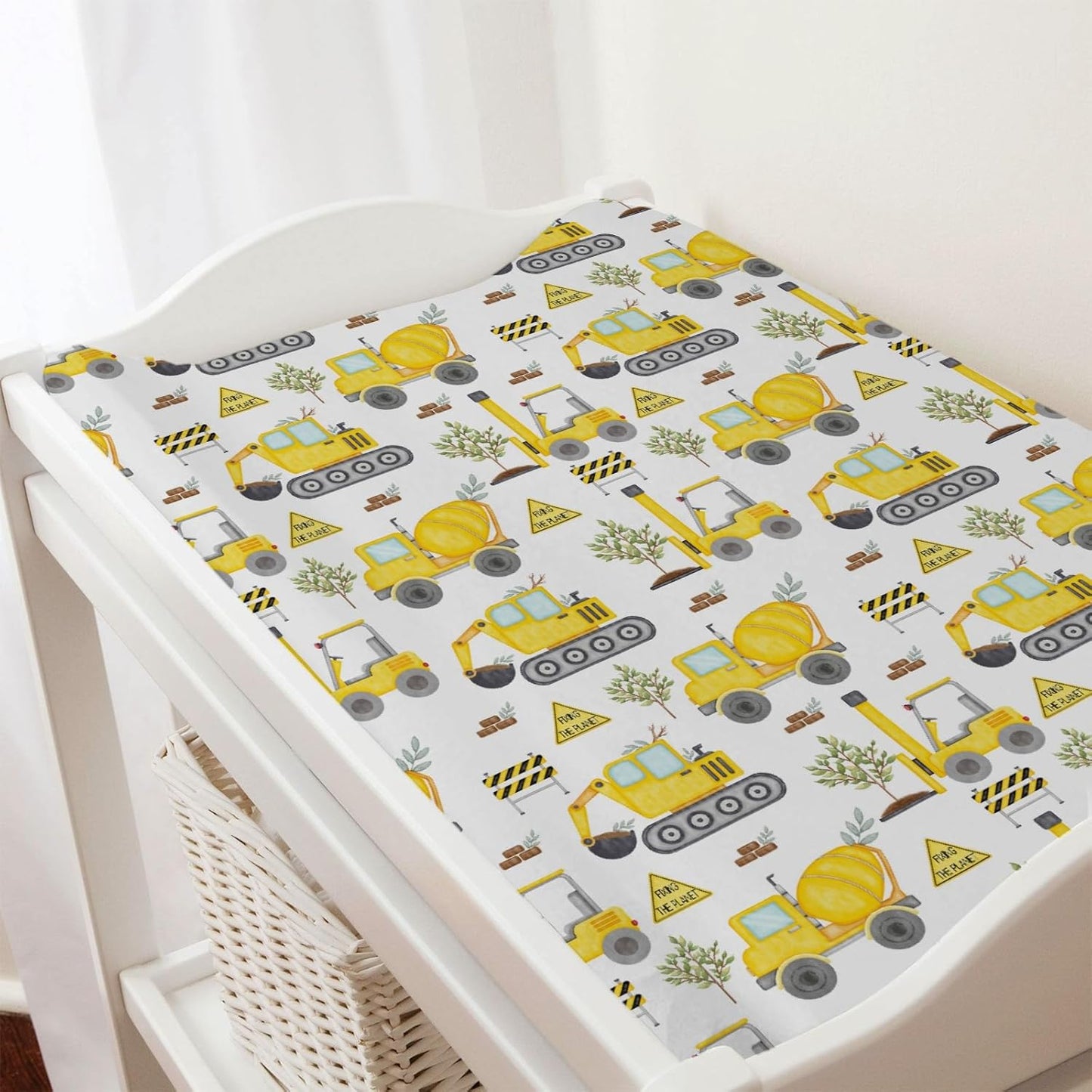 Construction Truck Excavator Tractor Trees Changing Pad Cover Cute Construction Trucks Plants Fitted Baby Change Table Sheets for Boys Girls Soft Stretch Fitted Changing Table Mats Cover 32''x16''