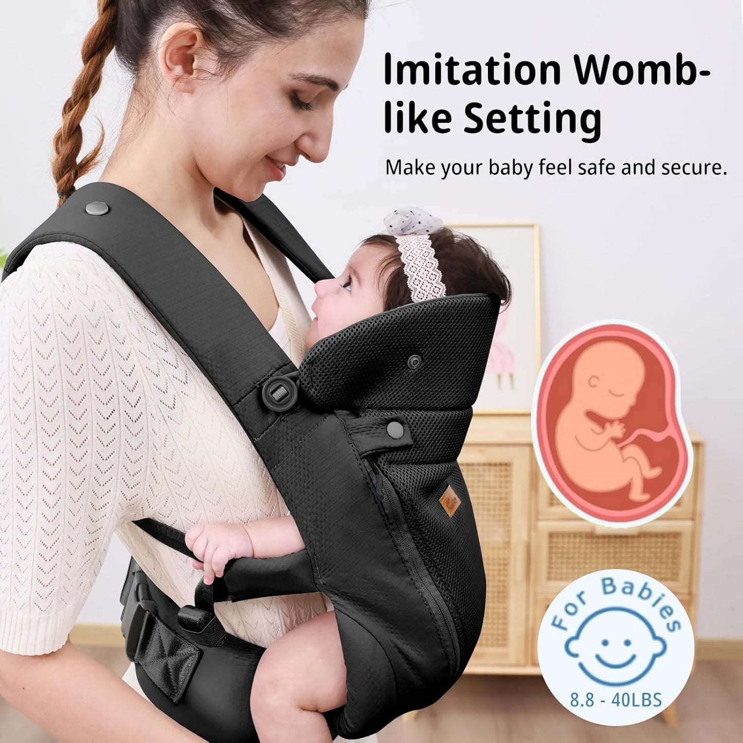 CUBY Newborn Baby Carrier with Head Support and Sunshield, Breathable & Easy Adjustable Newborn Toddler Front Baby Carriers Sling,Hands-Free Newborn Carrier up to 40lbs(Black,Upgraded-with Waist Belt)