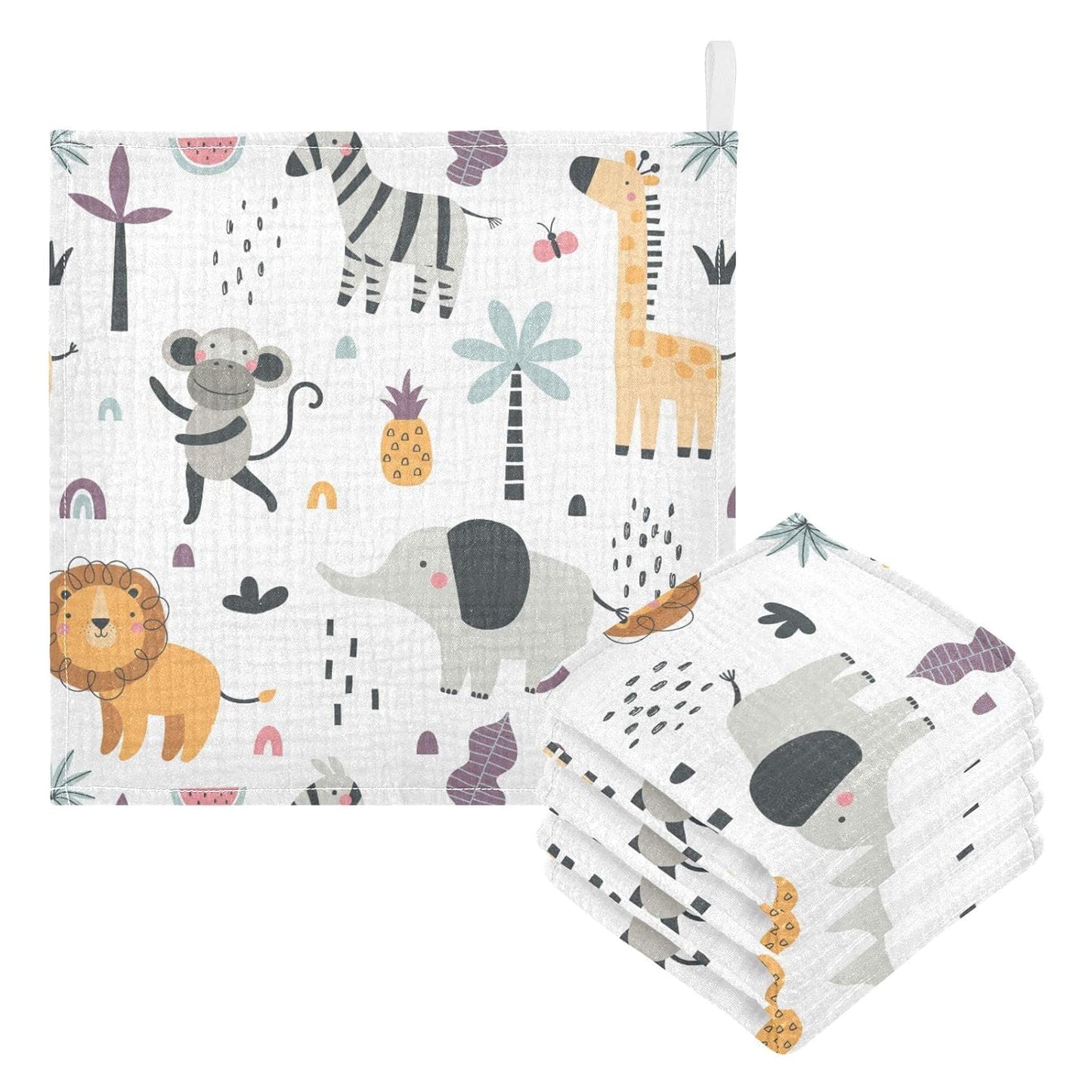 Exotic Animals Baby Muslin Washcloths Monkey Elephant Lion Burp Cloths Soft Absorbent Baby Wash Cloth Fingertip Face Towels for Newborn Boys Girls 12 x 12 in, 5 Pack