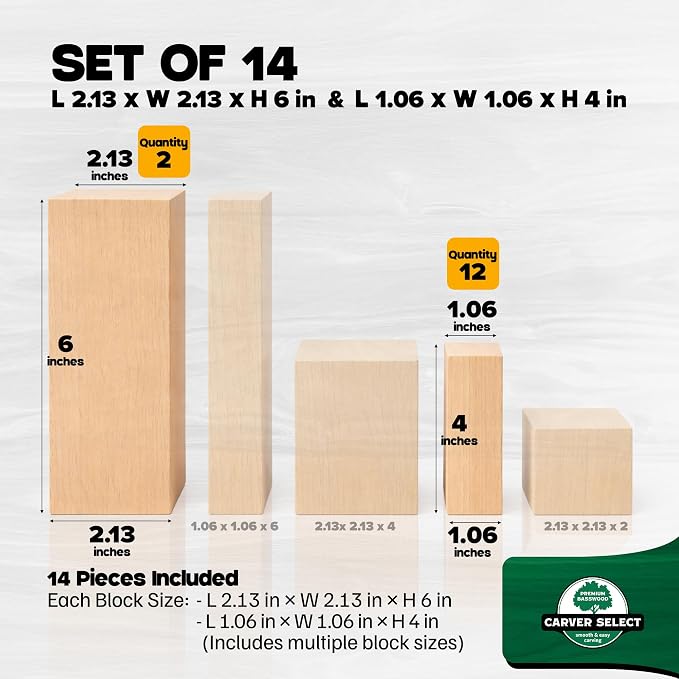 Basswood Carving Blocks Set of 14 – Wood Carving Kit