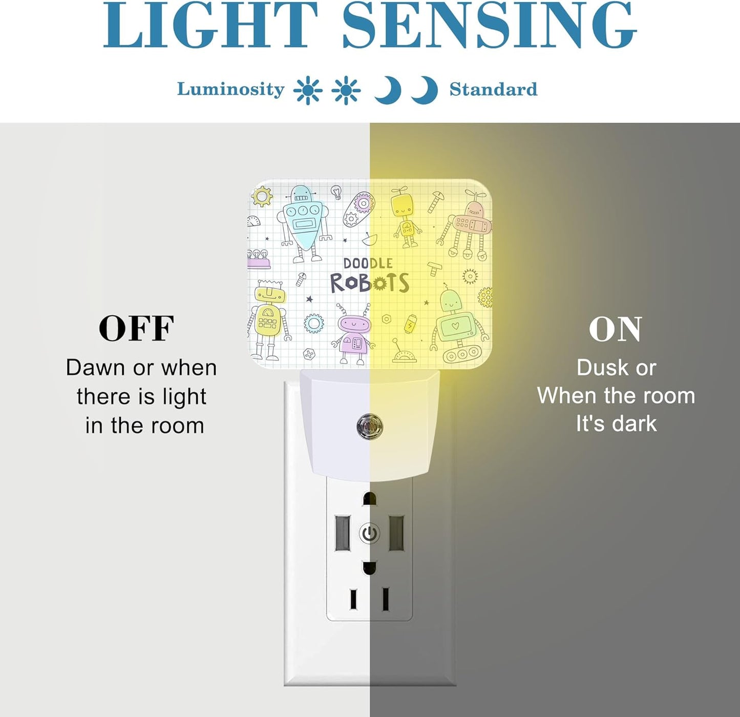 Doodle Cute Robots Night Light for Kids Girls Boys, Funny Robots LED Night Light Plug into Wall with Dusk to Dawn Sensor for Bedroom, Hallway, Kitchen, Bathroom, Stairs Decor
