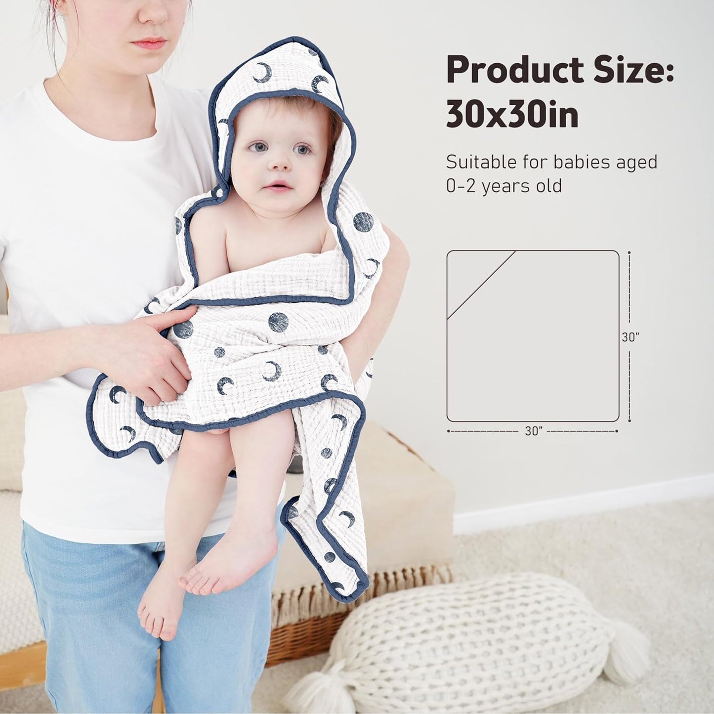 Susurration Hooded Baby Towels for Newborn 2 Pack 100% Muslin Cotton Towel for Babies，Highly Absorbent and Newborn Essential 30x30 Inch Moon&Royal Blue