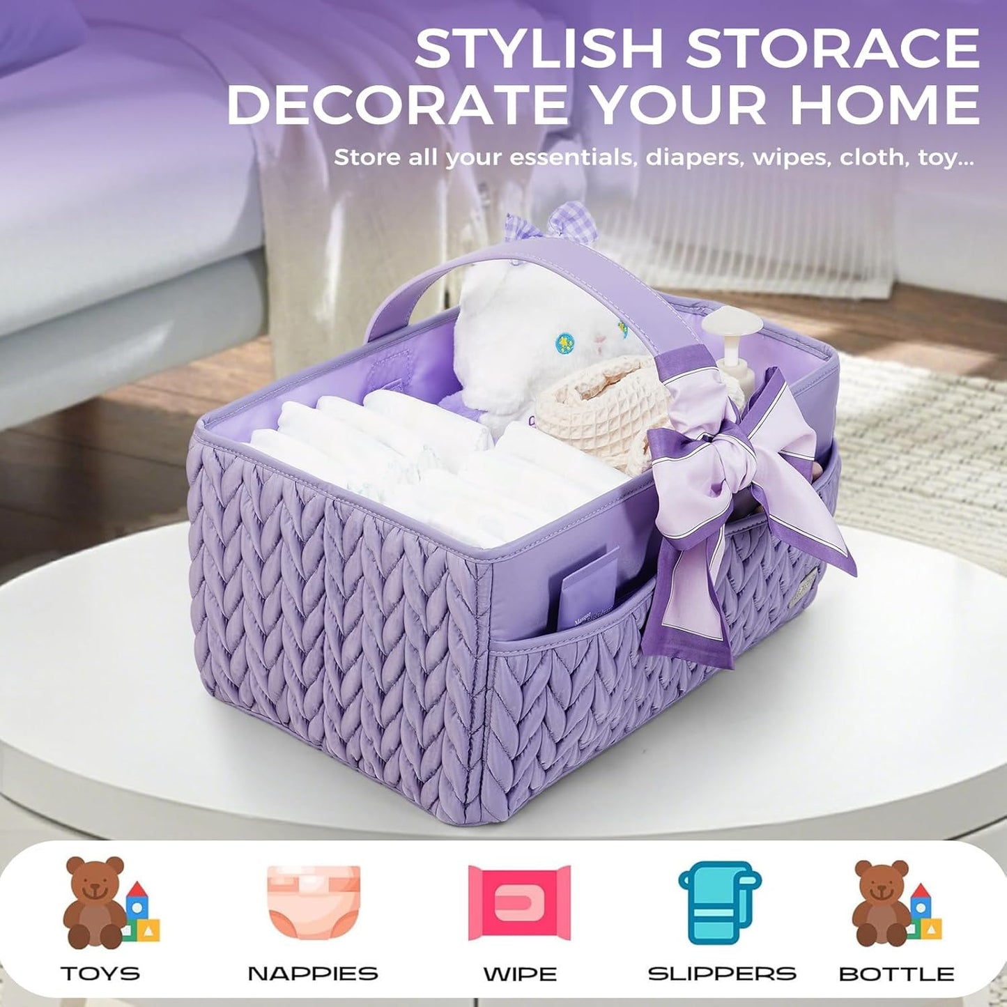 Luxurious Baby Diaper Caddy, Nursery Storage Basket for Newborn Boy and Girl, Travel Baby Basket for Diapers Baby Wipes, Organizer Tote Bag Storage Bin, Baby Shower Gifts (purple)