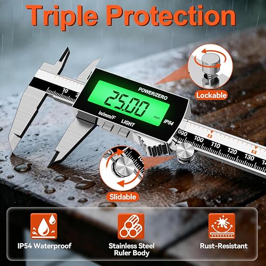 Preciva Backlight Digital Caliper, 6inch IP54 Waterproof Rechargeable