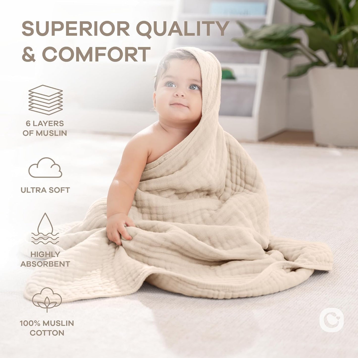 Comfy Cubs Hooded Baby Towel 1-Pack, Large 32 x 32 Inch - 6 Layer 100% Muslin Cotton for Babies, Toddlers and Kids - Soft & Absorbent Baby Bath Towels - Unisex Design for Bath Time - Sand