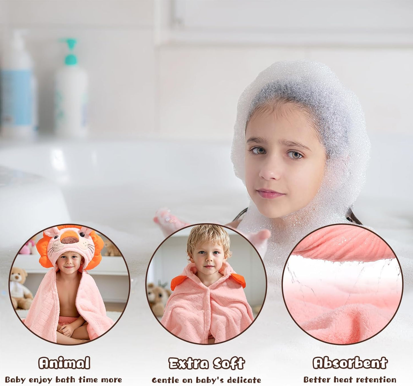 Toddler Bath Towel Hooded Kids Towels Bath Baby Towel with Hood for Boy Girl 0-5 Years, 2-Pack Soft Absorbent Baby Bath Toddler Towels, Large Thick 50''x32'' Pink &Orange Set