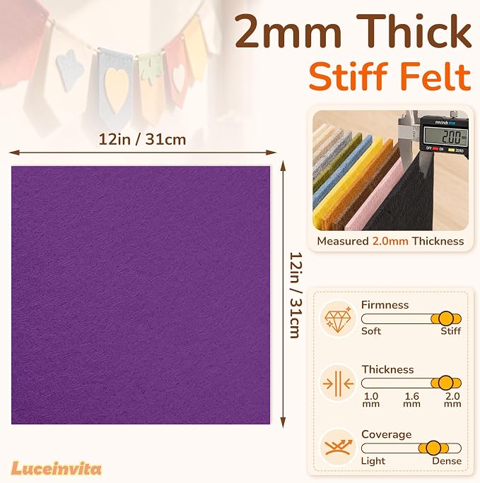 2mm Stiff Felt Sheets 12" X 12" | Thick Polyester Felt Material, DIY Craft