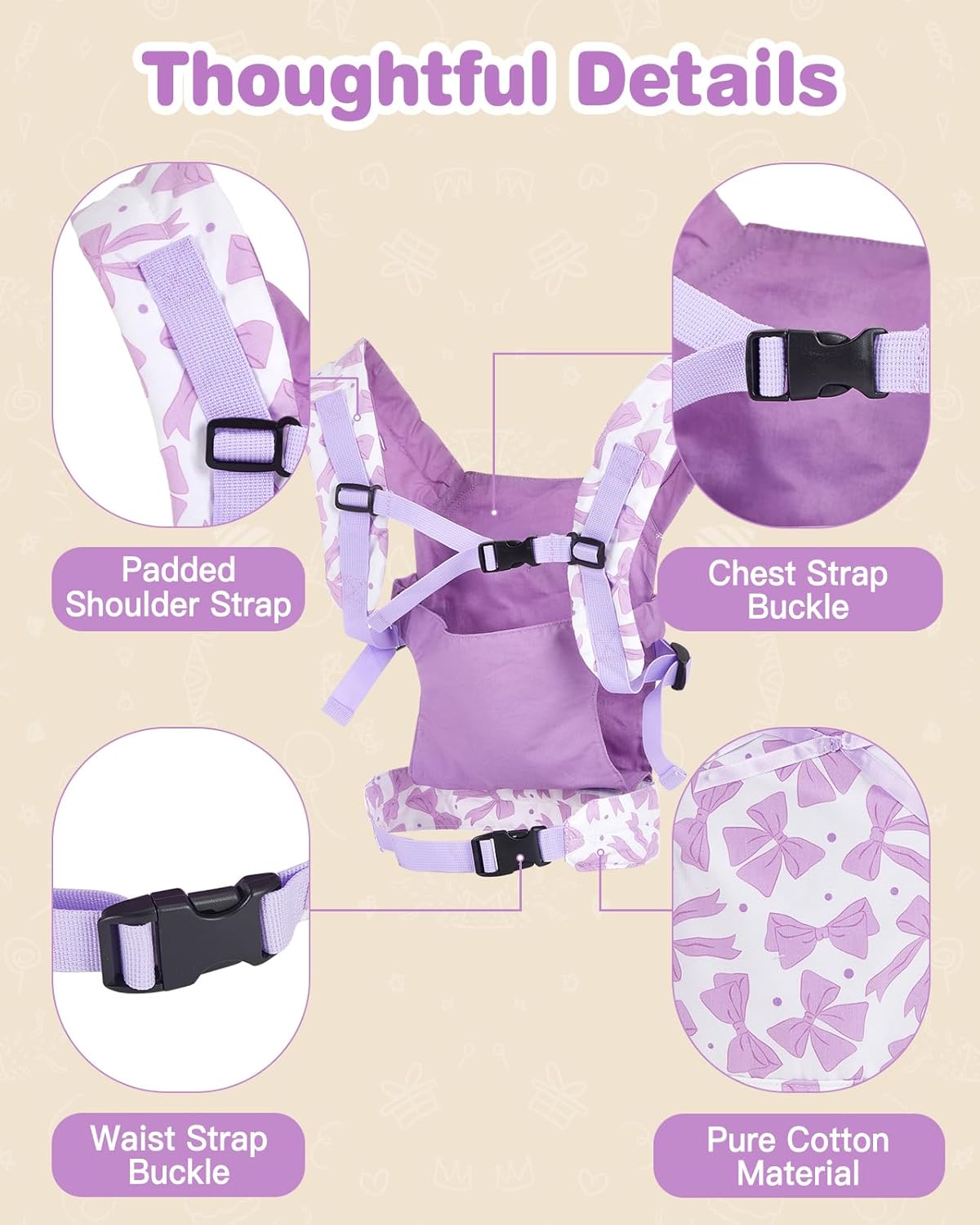 Lictin Baby Doll Carrier, Front and Back Doll Accessories Carrier for Little Girls, with Adjustable Straps for Stuffed Animal Reborn Baby Doll