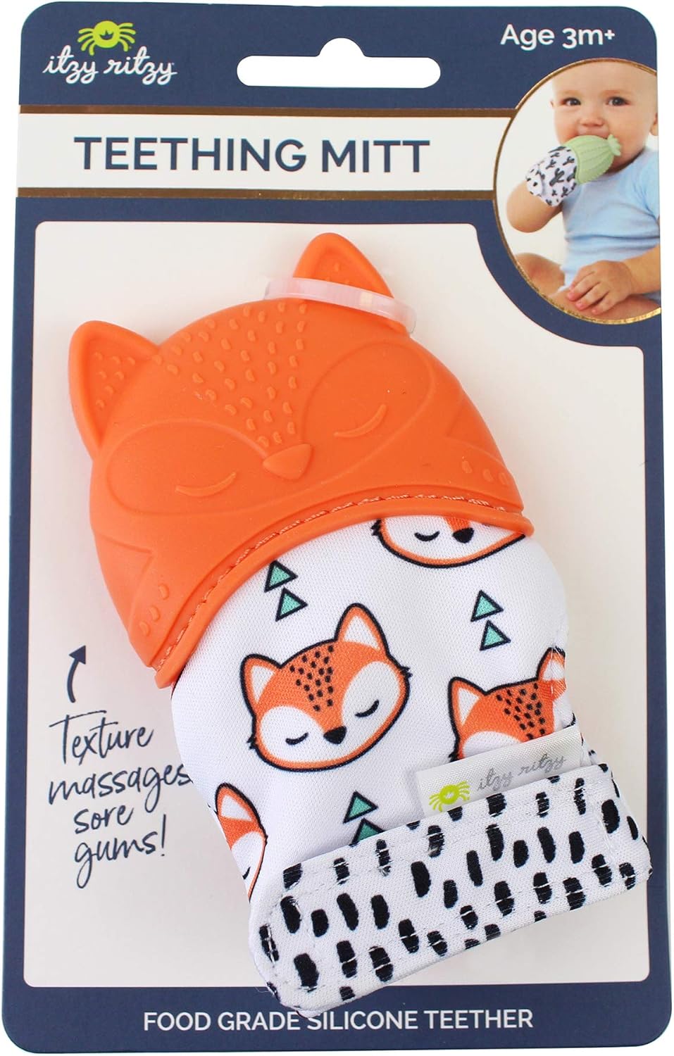 Itzy Ritzy Silicone Teething Mitt - Soothing Infant Teething Mitten with Adjustable Strap, Crinkle Sound & Textured Silicone to Soothe Sore & Swollen Gums - For Ages 3 Months & Up (Fox)