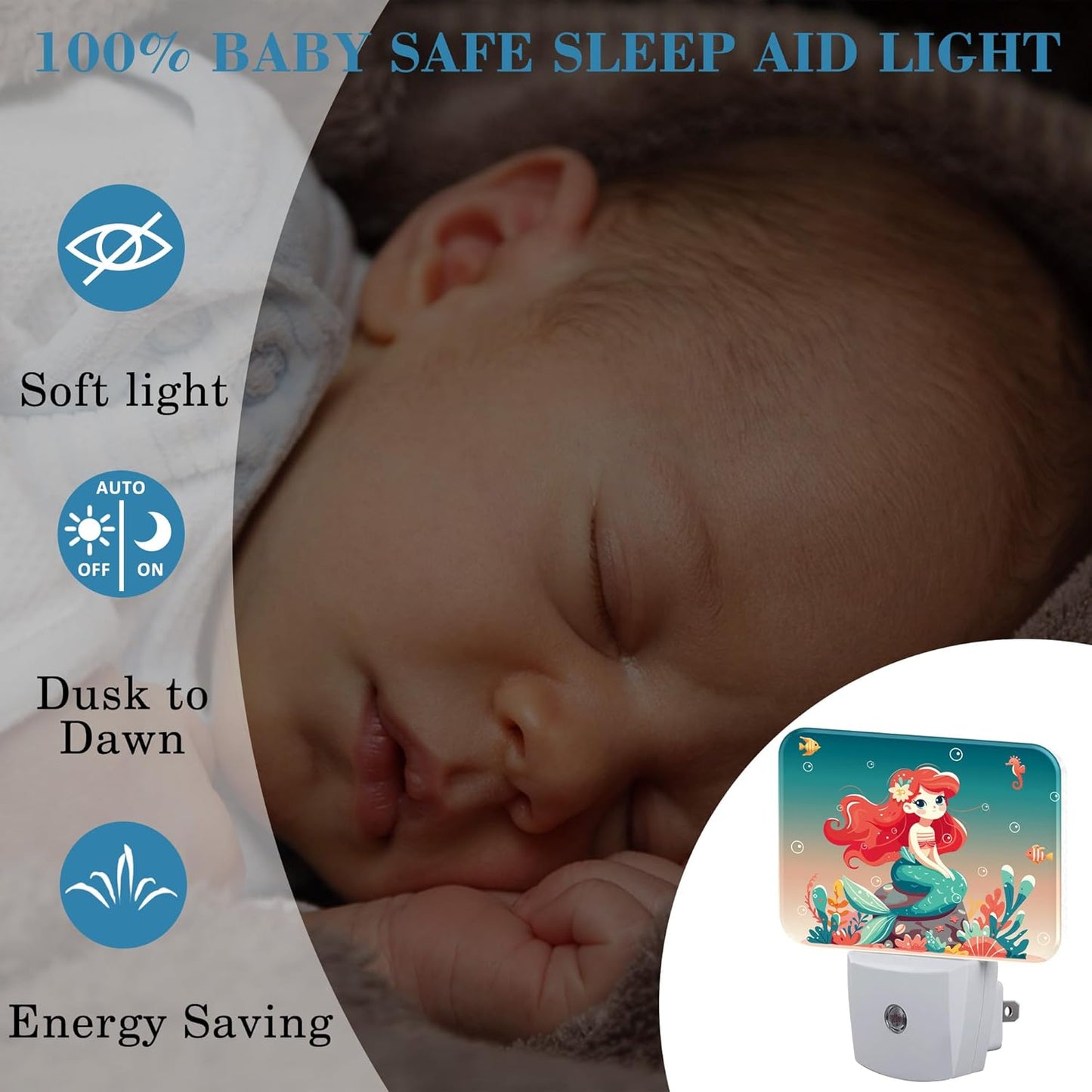 Beautiful Mermaid Girl Night Light for Kids, Mermaid Girl LED Night Light Plug into Wall with Dusk to Dawn Sensor for Girls Boys Women Men Bedroom, Hallway, Kitchen, Bathroom, Stairs Decor