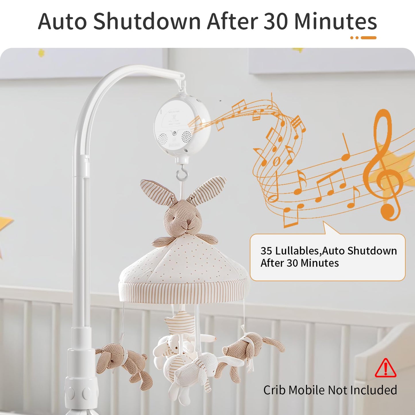 FEISIKE Crib Mobile Motor, Baby Music Box Spinner with 3 Modes（Spin Only, Music Only, Spin & Music 0-100 Volume Control,35 Lullabies,Portable Sound Machine,Auto-Off 30 Minutes, Battery Operated