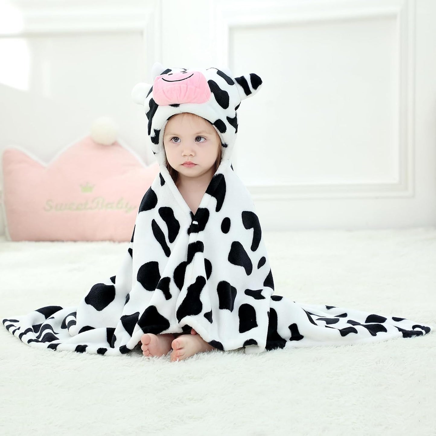 Wearable Blanket Hoodie for Kids Toddlers Hooded Towels Soft Cozy Flannel Wearable Throw Blanket Hoodie for Boys Girls Birthday Gifts (Dairy Cow 50 * 40)