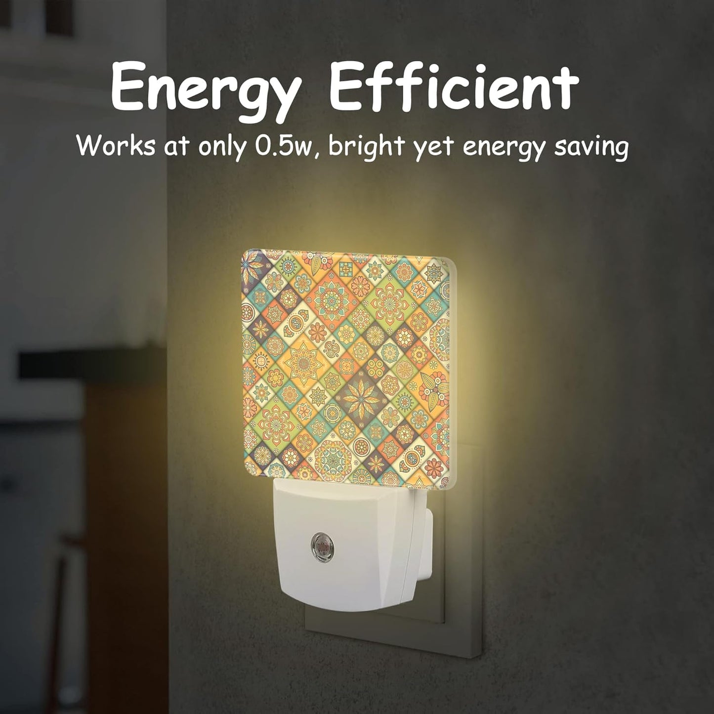 Vintage Bohemian Floral Patchwork Night Light Plug into Wall with Dusk to Dawn Sensor Energy Efficient LED Nightlight for Women Girls Boys Room Decor,Hallway,Kitchen,Bathroom,Nursery,Stairs