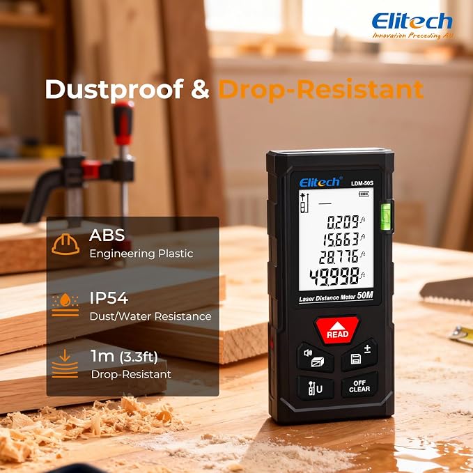 Elitech Laser Tape Measure, 165ft Laser Distance Meter