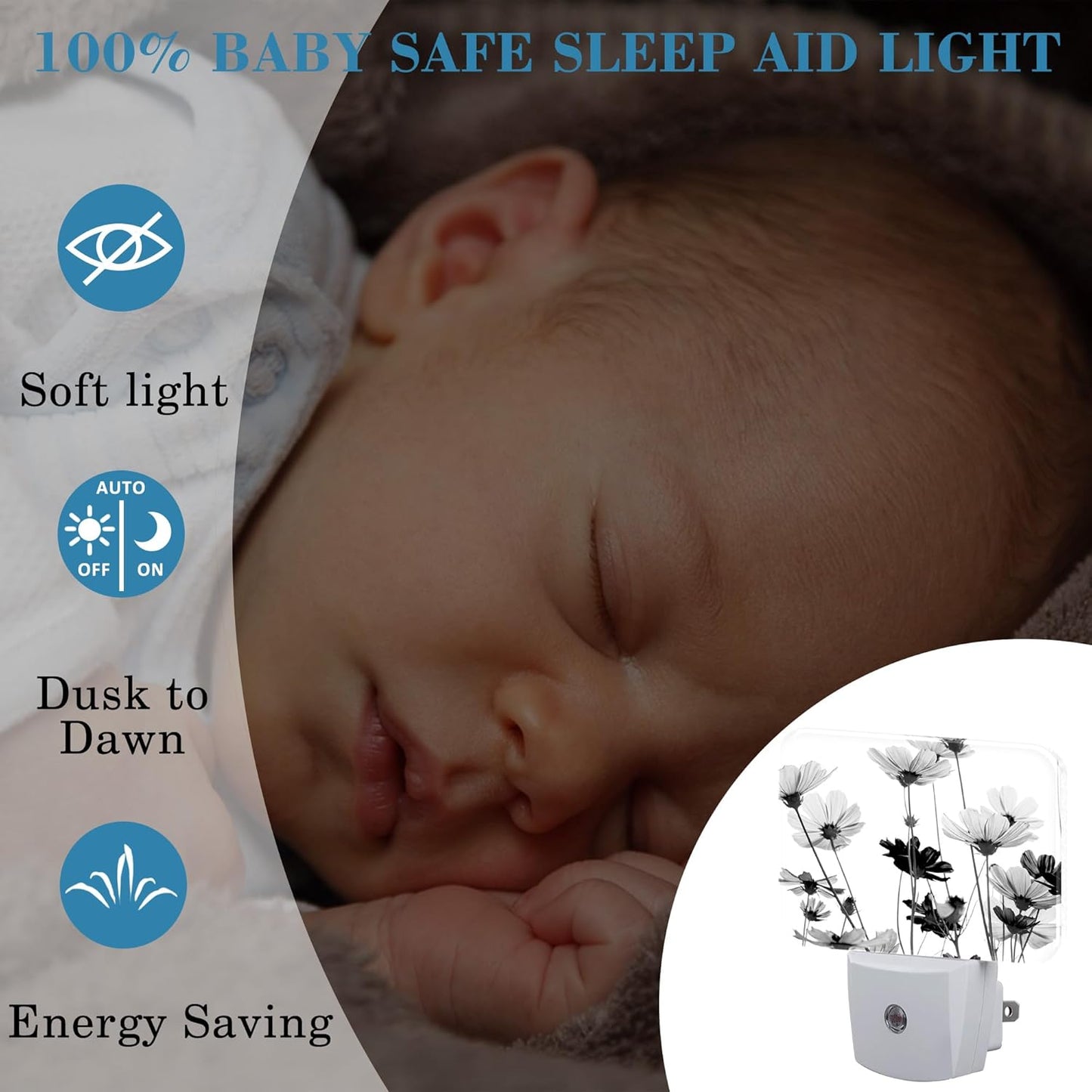 Black and White Daisy Plug in Night Lights, Daisy Flowers Nightlight Plug Into Wall Dusk to Dawn Sensor for Kid Girls Boys Women Men Room, Hallway, Kitchen, Bathroom, Stairs Decor