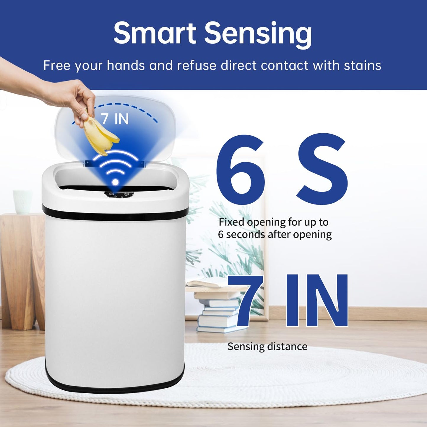 Kitchen Trash Can Office Bathroom Bedroom Waste Bin with Lid Automatic Sensor Touch Free Stainless Steel Garbage Can 13 Gallon / 50L,White