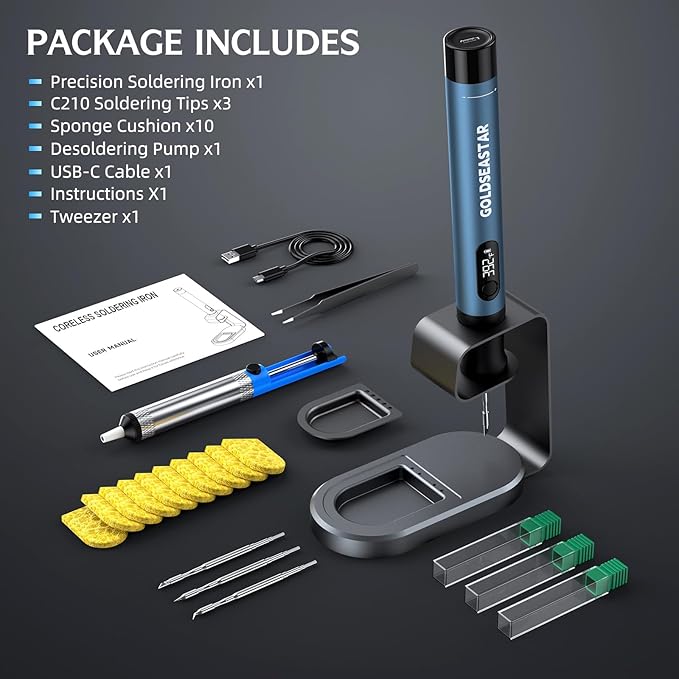 Cordless Soldering Iron Kit - 7s Fast Heating & Auto Sleep, Portable USB-C Rechargeable Welding Pen with 3 Tips (392°F/200°C to 842°F/450°C) for Electronics Repair/DIY/Circuit Board, Blue