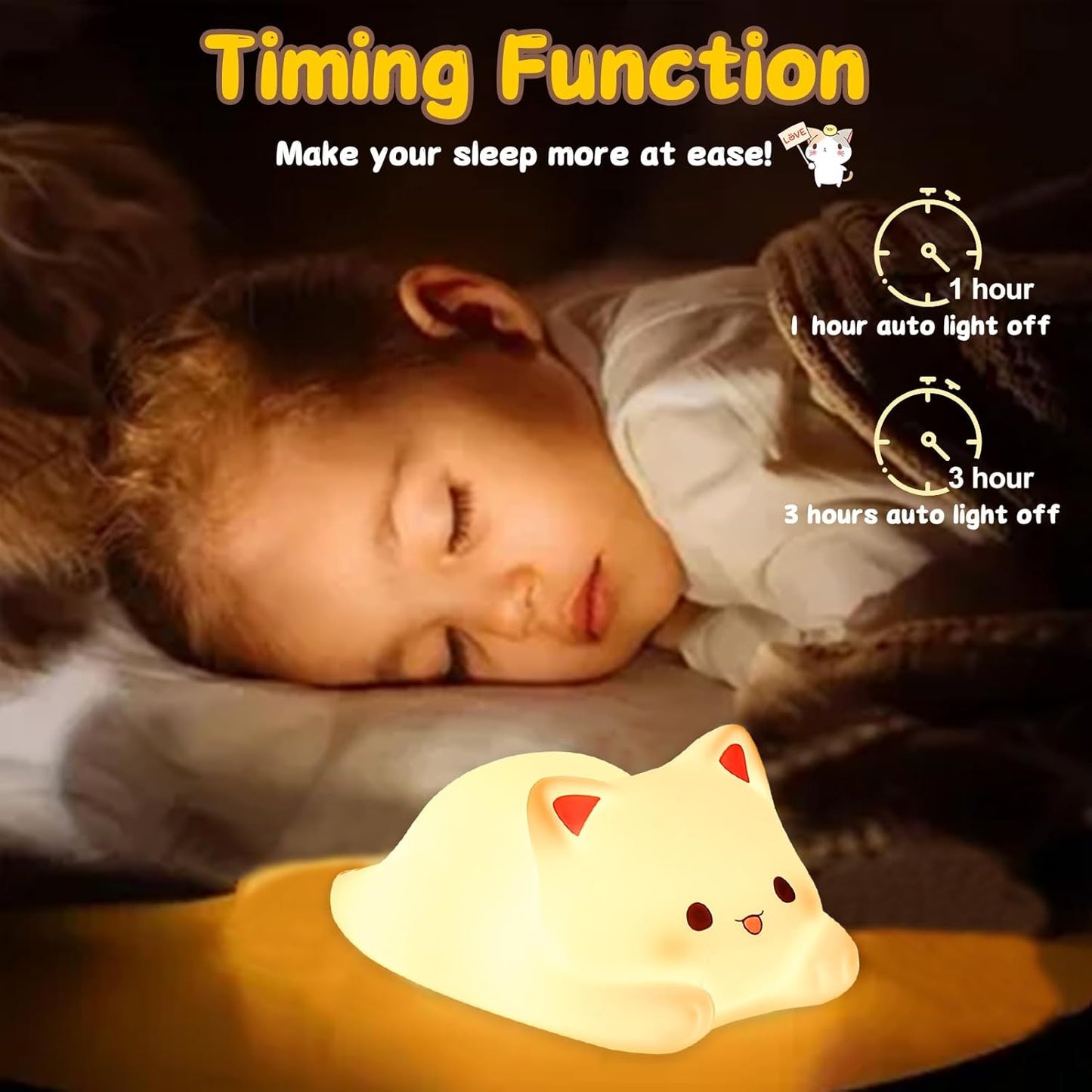 Tremdwoto Cat Night Light for Kids,Cute Colorful Night Light Baby Girl Squishy Night Lights Lamp 1/3 Hour Timer Kitty Light Dimmable Nursery Lamp Nightlight,Kids Room Decor，Gifts for Girls and Boys