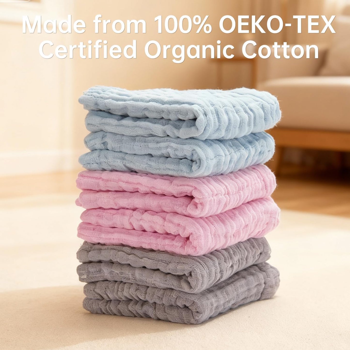 Organic Muslin Baby Washcloths 6 Pack Baby Bath Face Towel 12x12 Inch Extra Absorbent and Soft Burp Cloth and Wash Cloths for Newborn-Infants On Sensitive Skin (Grey Pink Blue)