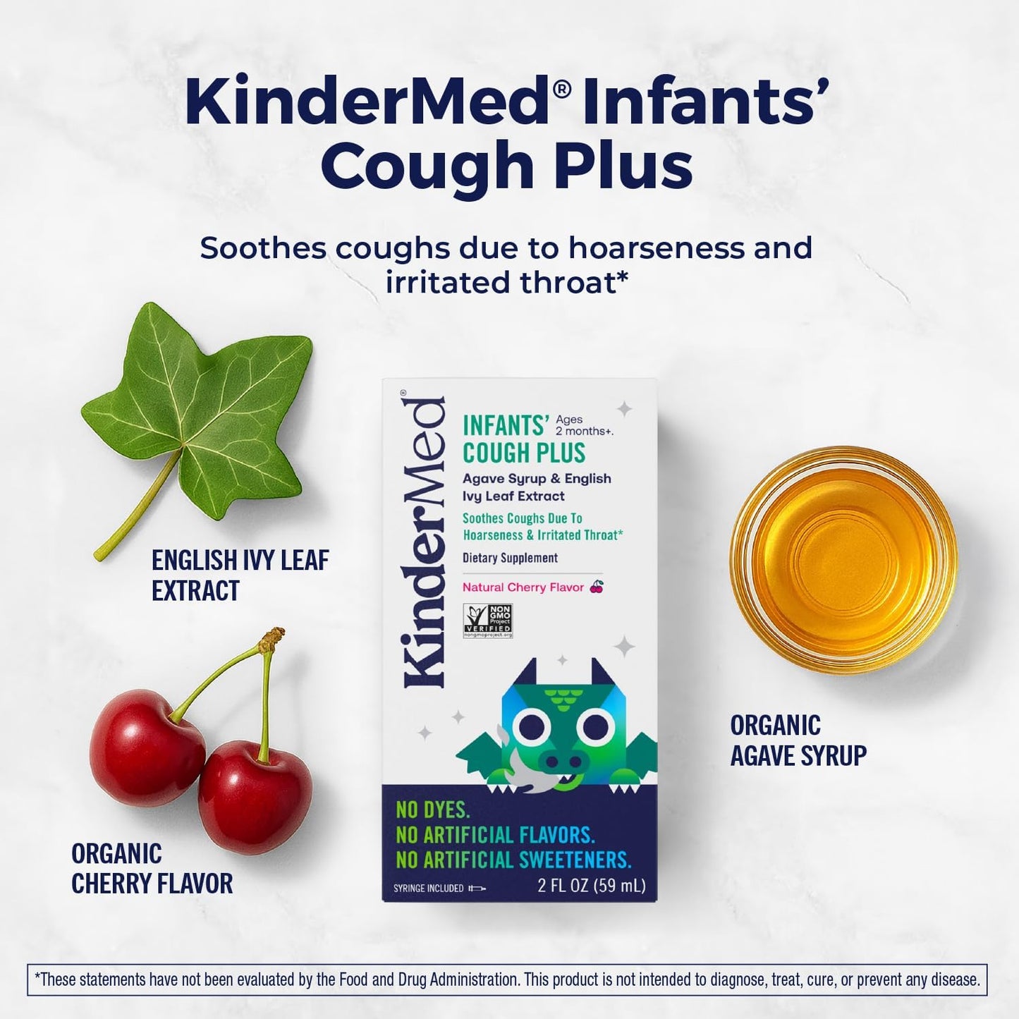 KinderMed Infants' Daytime Cough Plus, Organic Agave Syrup and English Ivy Leaf Extract, No Dyes, No Artificial Flavors or Sweeteners, Non-GMO, 2 Months+, Natural Cherry Flavor, 2 fl. oz (Pack of 2)