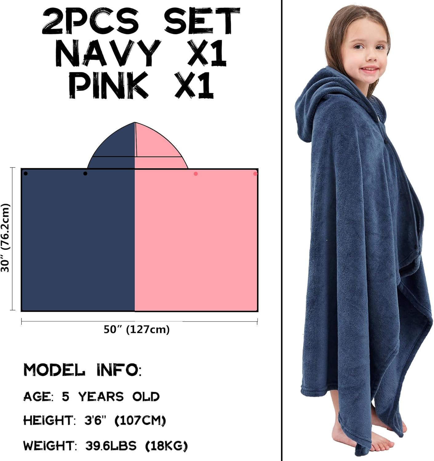 Hiturbo 2Pcs Kids Fleece Hooded Towel: Soft Plush Warm Blanket - 50"x30" Pool Beach Bath Swim Towel Wrap for 3-12 Yrs (Navy+Pink)