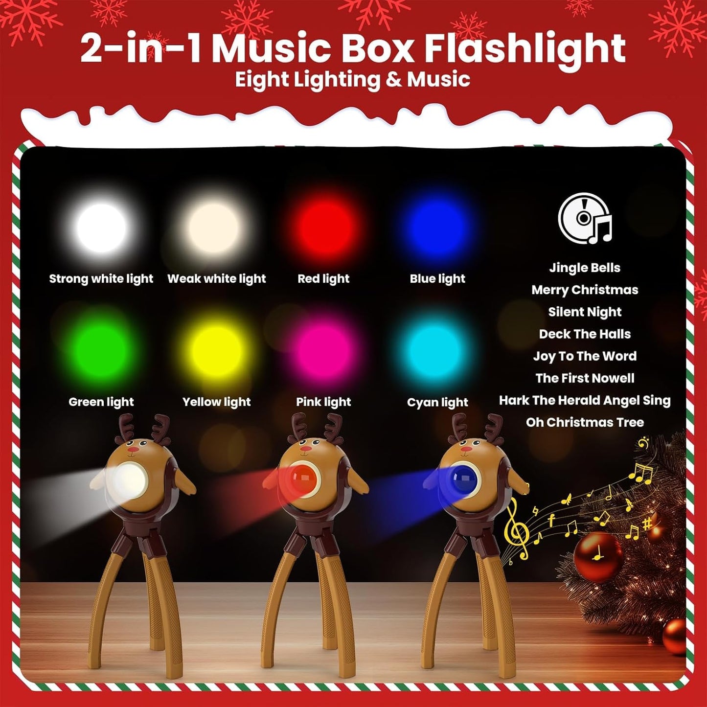 TOLYS Reindeer Kids Flashlight – Rechargeable LED Torch with 8 Songs, USB-C, Fun Flashlight for Boys & Girls, Perfect for Parties, Camping & Outdoor Adventures