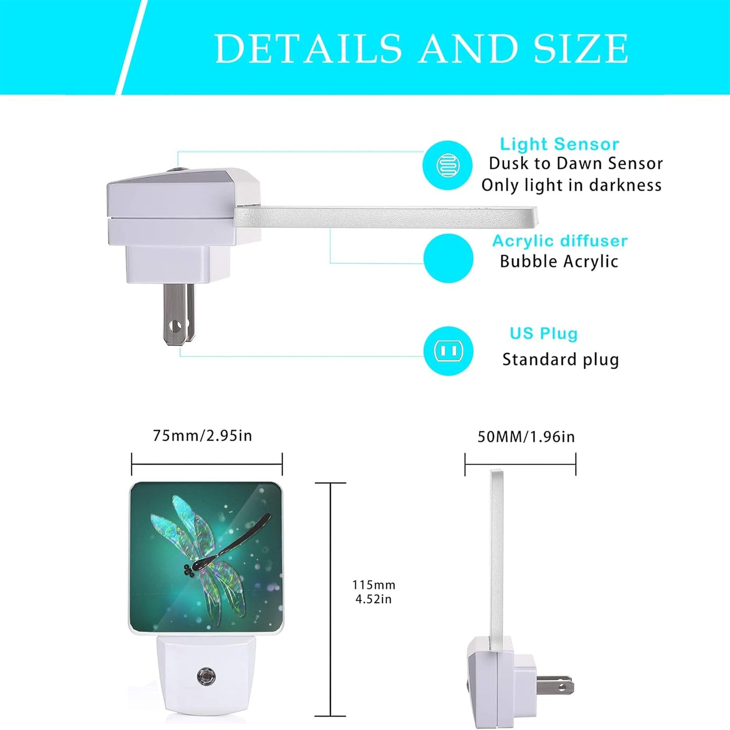 Dragonfly Night Light,Fantasy Green Dragonfly Plug-in Night Lights with Dusk-to-Dawn Sensor for Bedroom, Bathroom and Living Room Sleep Friendly lamp for Women/Girls/Boys Gift,0.5W