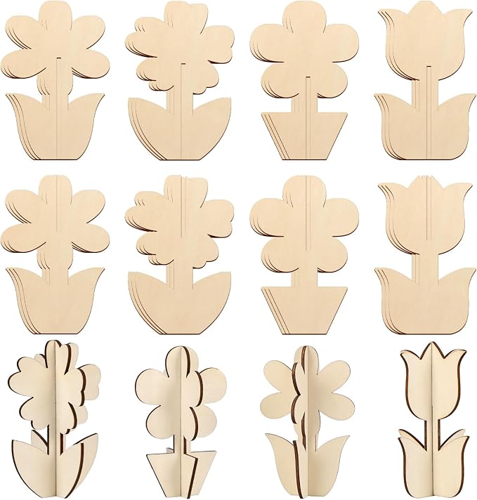 COCHIE DIY 3D Flower Spring Wood Crafts to Paint, Paintable Unfinished Wooden