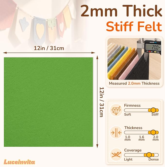 2mm Stiff Felt Sheets 12" X 12" | Thick Polyester Felt Material, DIY Craft