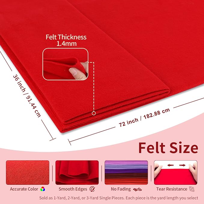 Red Felt Fabric Sheet 72" X 36", 1.4mm Thick Large Soft Durable Flexible Craft