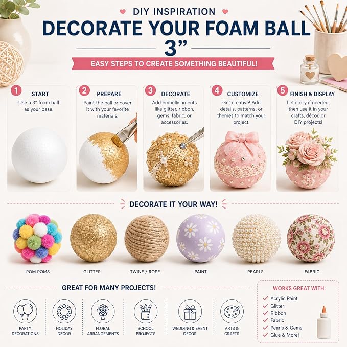 Evershine 50 Pack 3 Inch Craft Foam Ball