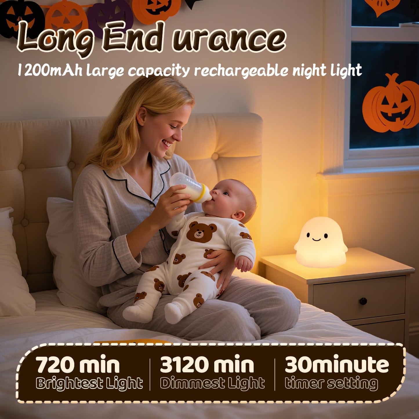 Ghost Night Light, Cute Ghost Decor Light Up Ghost Lamp - Color Changing Durable Kid-Safe Silicone, Long-Lasting Battery, USB Touch Control, Kids Halloween Gifts, Indoor Halloween Decor