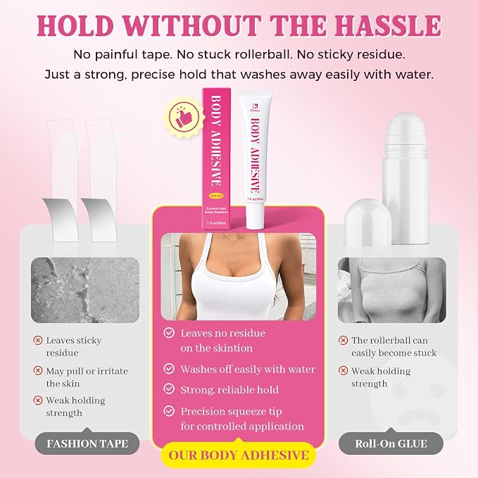 Body Adhesive for Clothes 30ml, Liquid Fashion Tape Alternative for Strapless