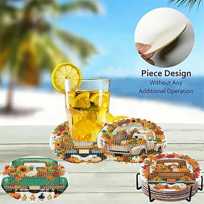 8 Pack Diamond Art Coasters, Autumn Truck Diamond Painting Coasters Kits | Fall