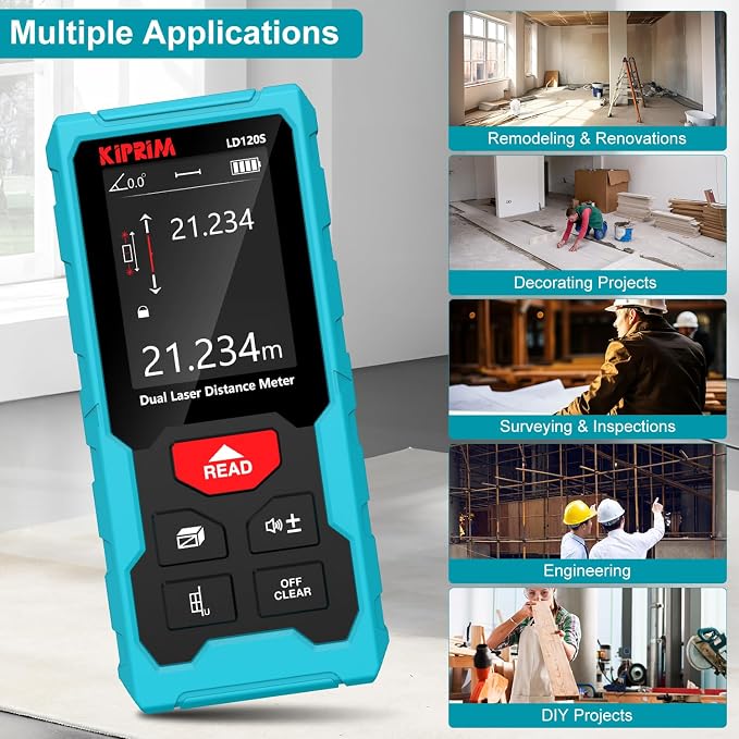 Kiprim 393ft Dual Laser Distance Measuring Tool LD120S, 120m Total Range