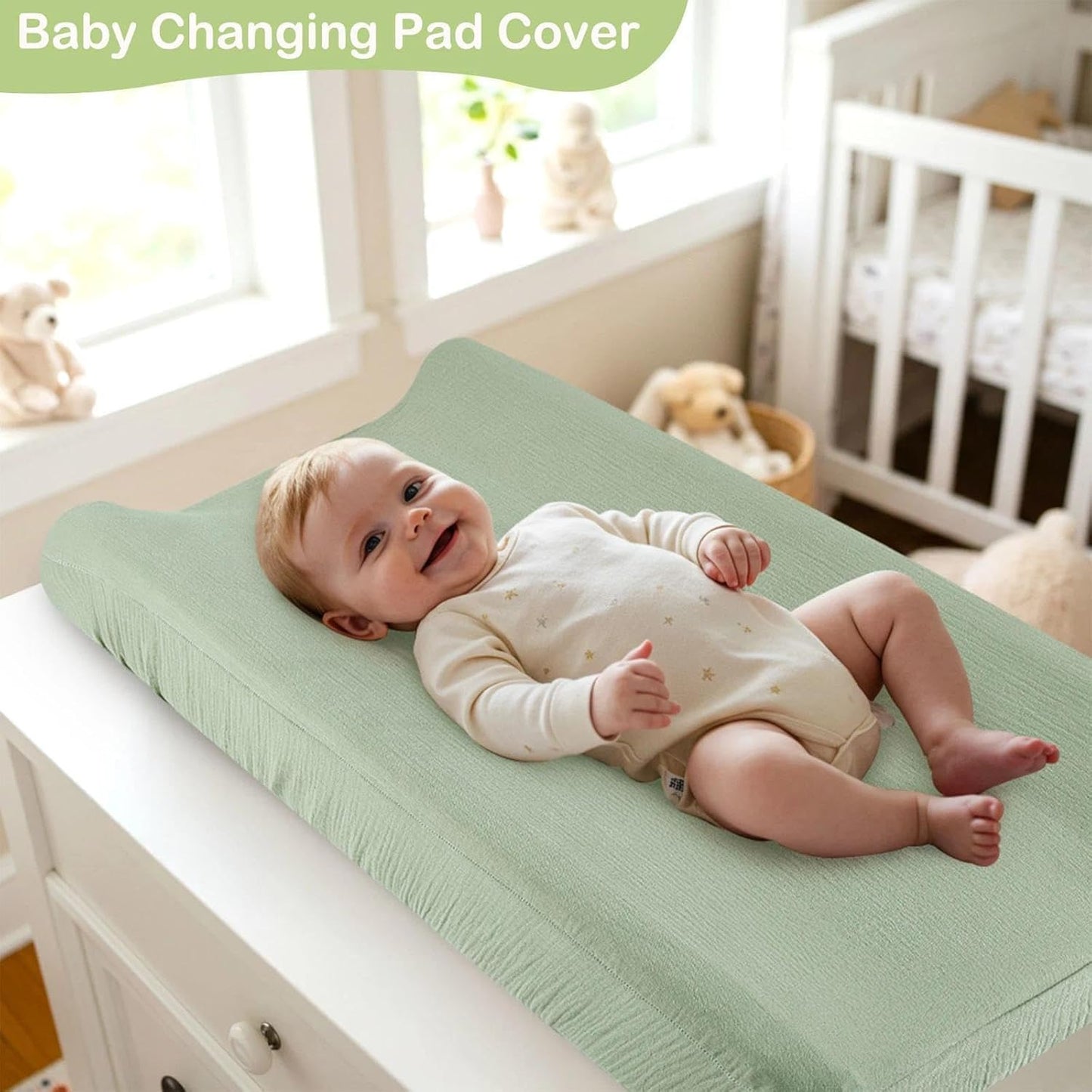 Basumee Muslin Changing Pad Cover Waterproof 2 Pack Baby Changing Table Covers for Boys and Girls Soft Breathable Nursery Diaper Change Table Cover Pad Fits 32"x16", Beige and Green