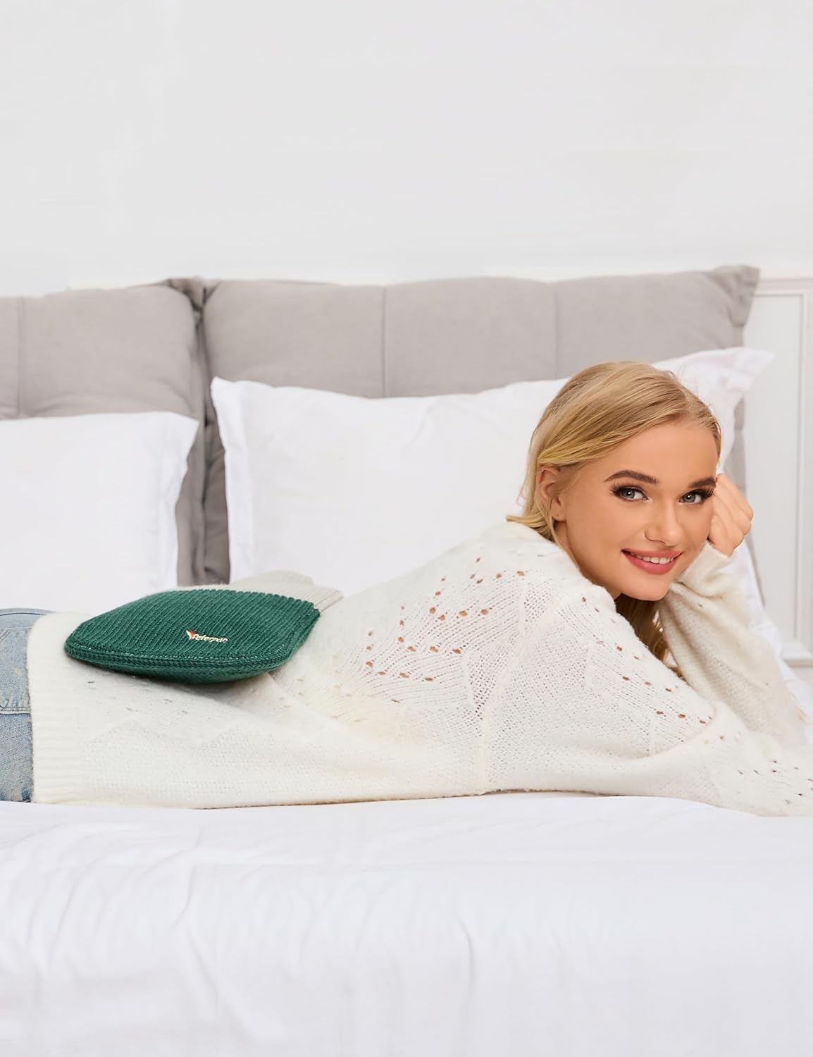 Peterpan Knit Rubber Hot Water Bottle with Wool Blend Cover, Size: XXX-Large, Hot Water Bottles for Pain Relief, BPA & PVC Free, 100 Fl Oz Capacity, Original, Wool Blend Hot Water Bottle, Gray & Green