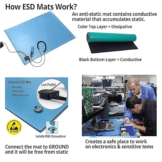 RubberStat Dual Layer ESD Compliant Workstation Rubber Table Mat Kit, Soldering, Cell Phone Repair, with Wrist Strap Set and Ground Cord - 24"x60" Royal Blue