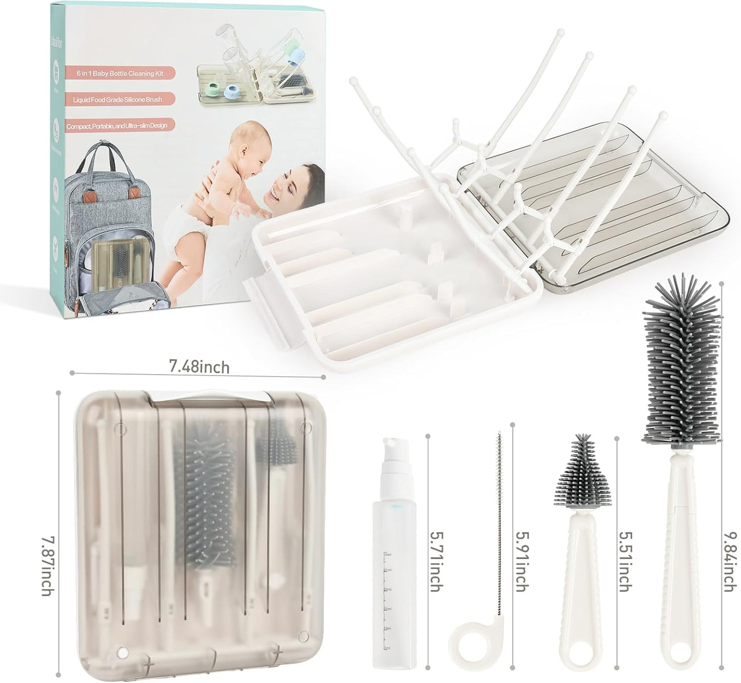 Baby Bottle Brush Set, 6-in-1 Travel Bottle Cleaning Kit with Silicone Bottle Brush, Nipple & Straw Brush, Soap Dispenser, Drying Rack, Storage Box – Compact Travel Baby Essential for Home & On-The-Go