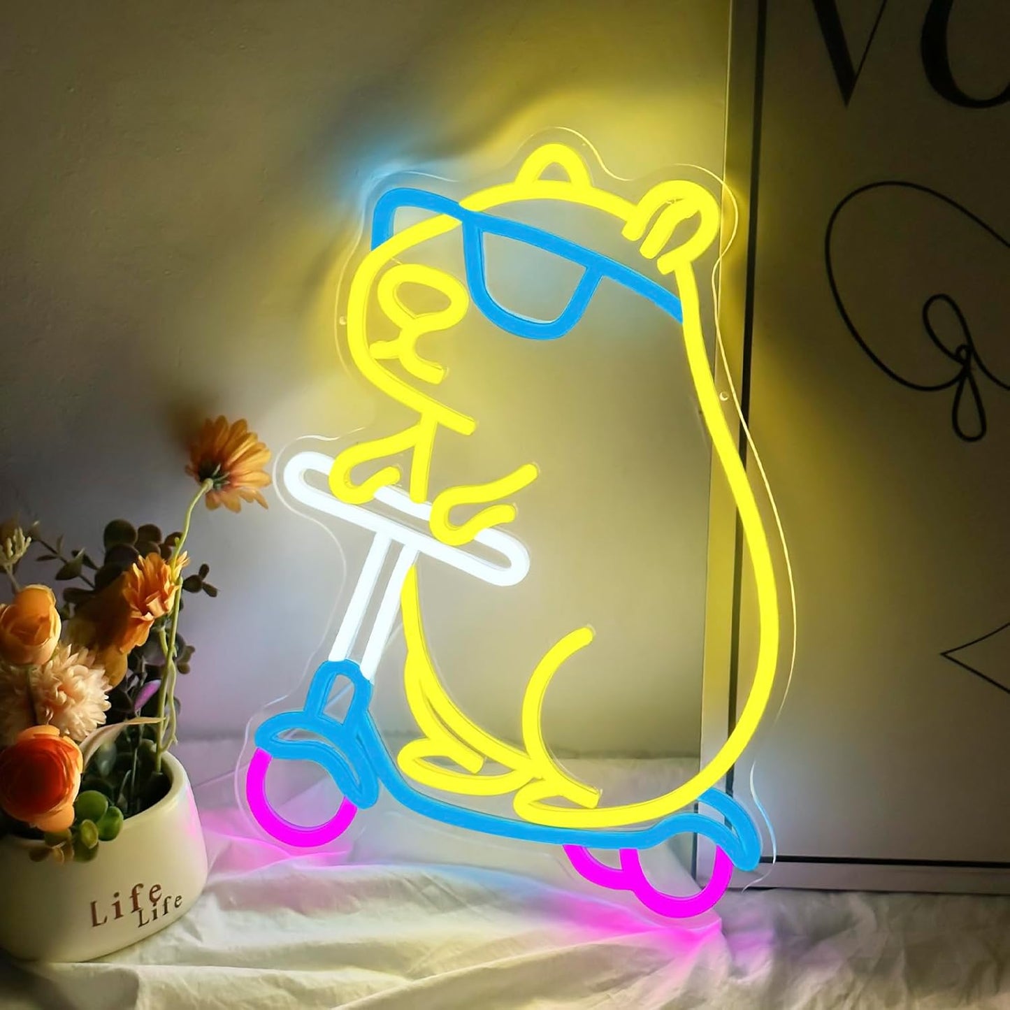 Cool Capybara Neon Sign, Dimmable Cute Animal with Shades on a Scooter, Lemon Yellow Capybara LED Lights for Wall Decor, Bedroom, Game Room, Kids Room, Birthday Party Decor, Teen Gifts